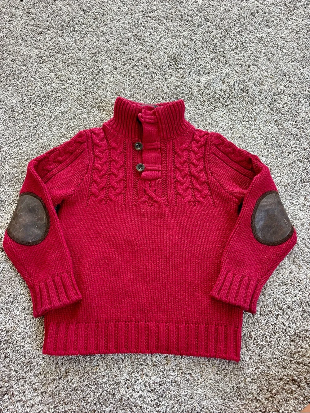 Boys gap Cozy Red Cable-Knit Sweater with Buttoned sherpa Neck and patched elbow